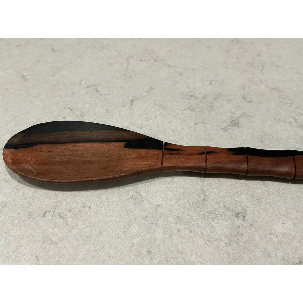 Handcrafted Two Tone Wood Serving Spoon Mother of Pearl Fish Inlay Bamboo Handle
